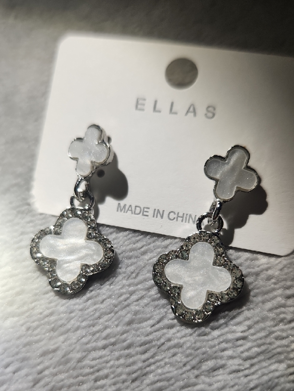 Ellas White Mother-of-Pearl Clover Drop Earrings with Silver Accents